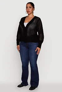 Womens Plus Size Crochet Long Sleeve Button Front Cardigan, Black, Size 3X