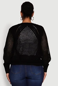 Womens Plus Size Crochet Long Sleeve Button Front Cardigan, Black, Size 3X