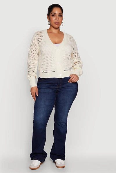 Womens Plus Size Crochet Long Sleeve Button Front Cardigan, White, Size 2X