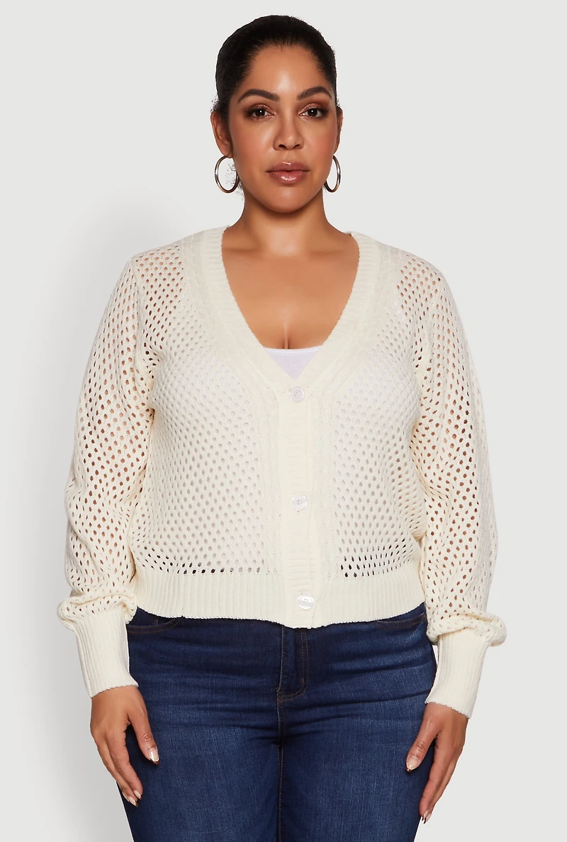 Womens Plus Size Crochet Long Sleeve Button Front Cardigan, White, Size 1X