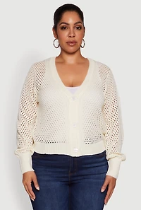 Womens Plus Size Crochet Long Sleeve Button Front Cardigan, White, Size 1X