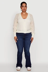 Womens Plus Size Crochet Long Sleeve Button Front Cardigan, White, Size 2X