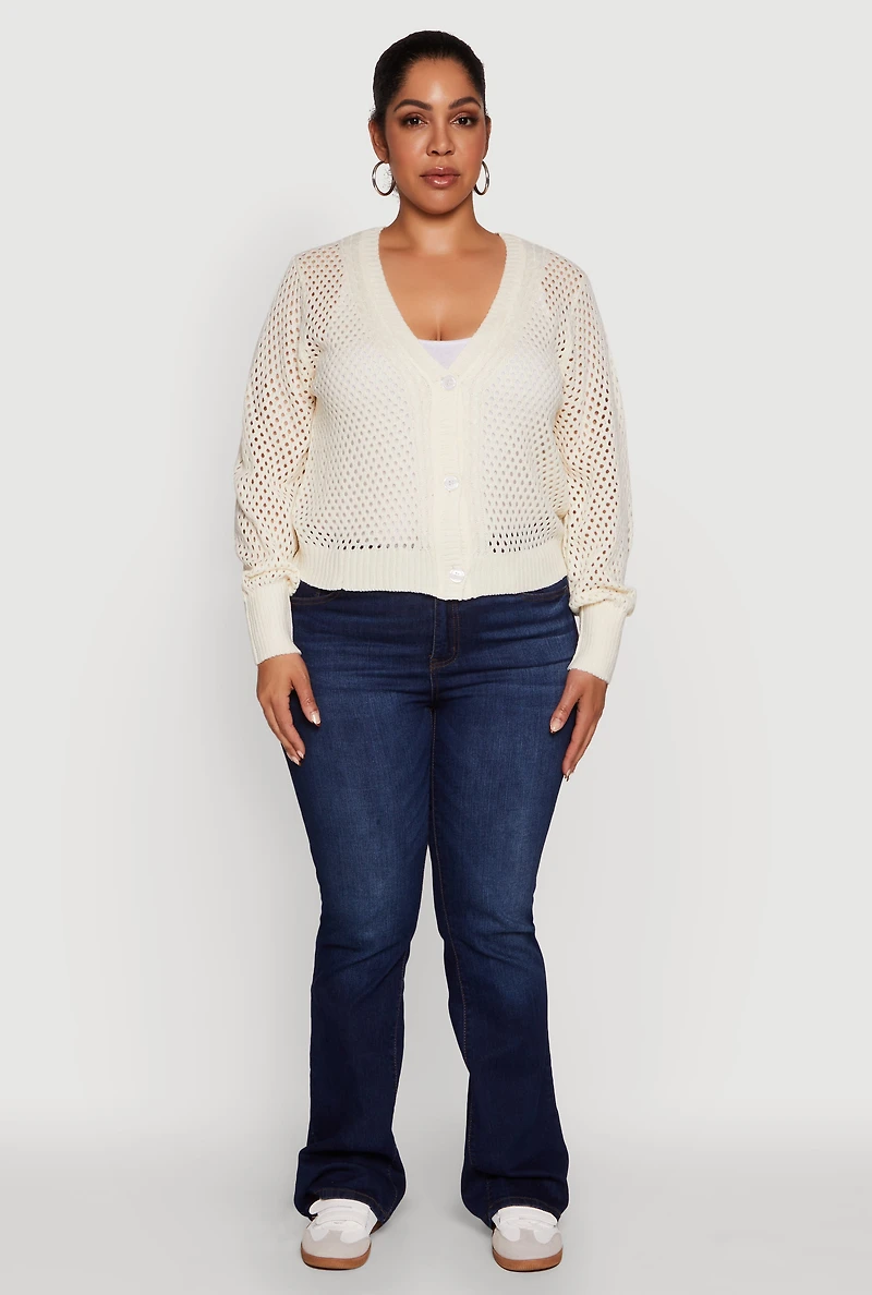 Womens Plus Size Crochet Long Sleeve Button Front Cardigan, White, Size 1X