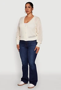 Womens Plus Crochet Long Sleeve Button Front Cardigan, White,