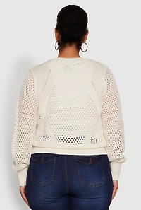 Womens Plus Size Crochet Long Sleeve Button Front Cardigan, White, Size 2X