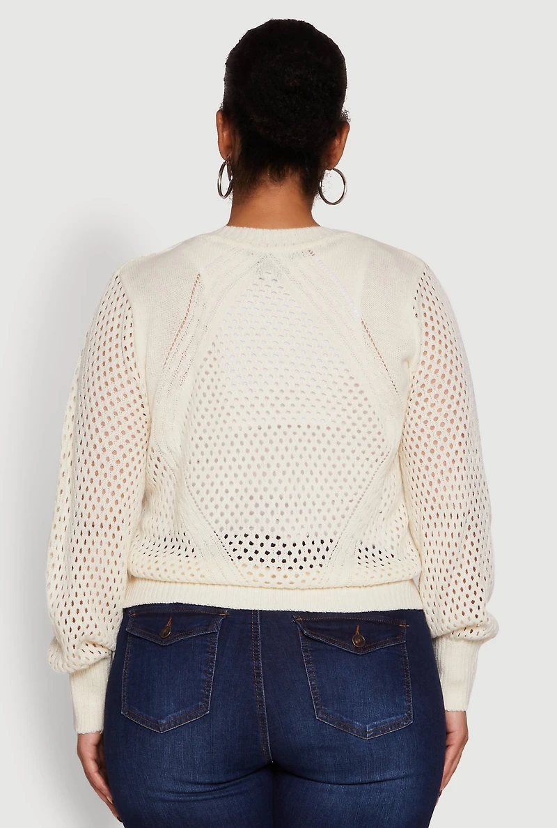 Womens Plus Size Crochet Long Sleeve Button Front Cardigan, White, Size 1X