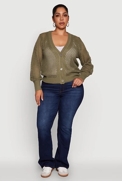 Womens Plus Crochet Long Sleeve Button Front Cardigan, Green,