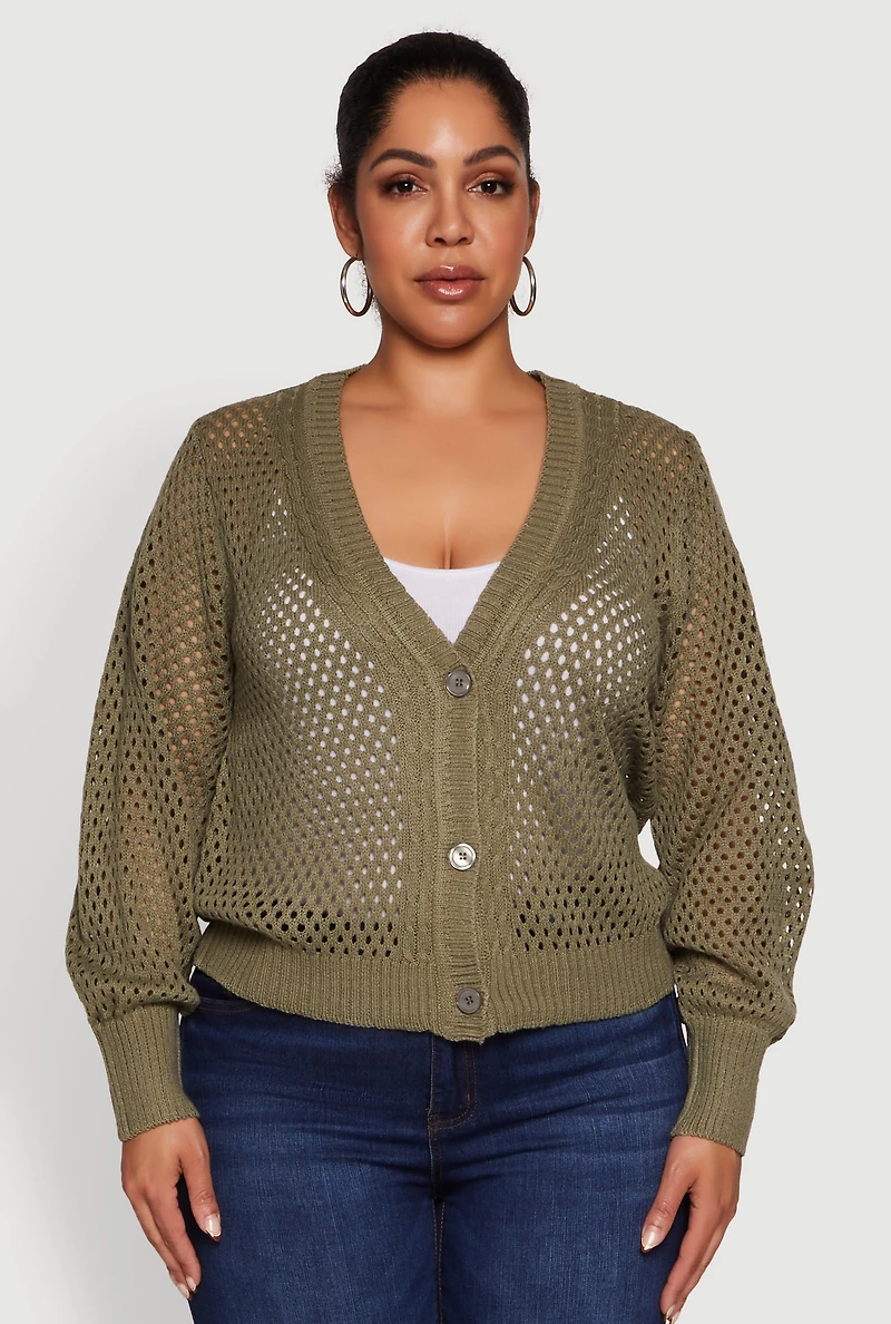 Womens Plus Size Crochet Long Sleeve Button Front Cardigan, Green, Size 1X