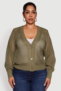 Womens Plus Size Crochet Long Sleeve Button Front Cardigan, Green, Size 1X
