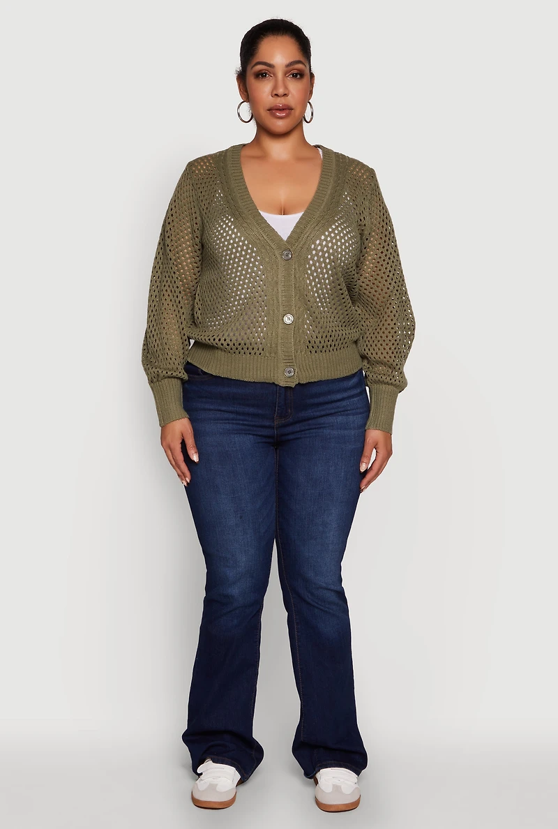 Womens Plus Size Crochet Long Sleeve Button Front Cardigan, Green, Size 1X
