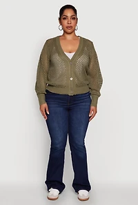 Womens Plus Size Crochet Long Sleeve Button Front Cardigan, Green, Size 1X