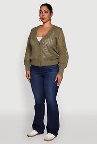 Womens Plus Size Crochet Long Sleeve Button Front Cardigan, Green, Size 1X