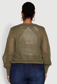 Womens Plus Crochet Long Sleeve Button Front Cardigan, Green,