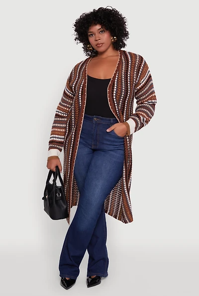 Womens Plus Size Striped Crochet Open Front Long Cardigan, Brown, Size 3X