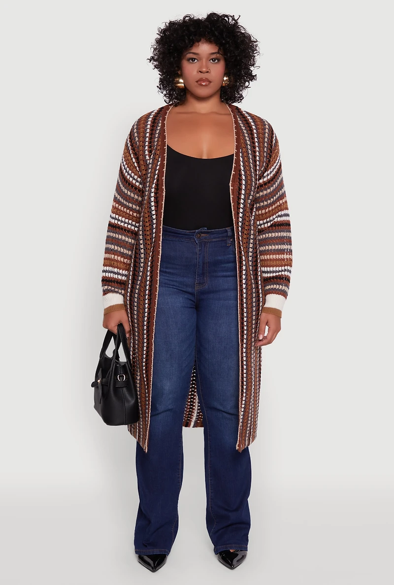 Womens Plus Size Striped Crochet Open Front Long Cardigan, Brown, Size 3X