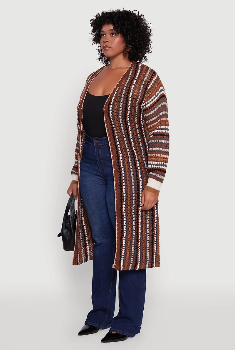 Womens Plus Size Striped Crochet Open Front Long Cardigan, Brown, Size 3X