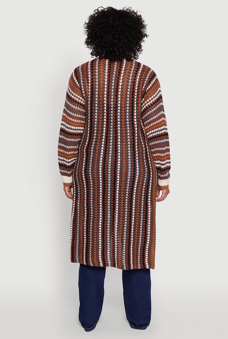 Womens Plus Size Striped Crochet Open Front Long Cardigan, Brown, Size 3X