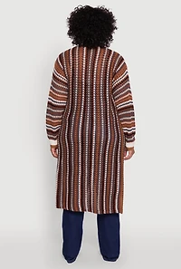 Womens Plus Size Striped Crochet Open Front Long Cardigan, Brown, Size 3X