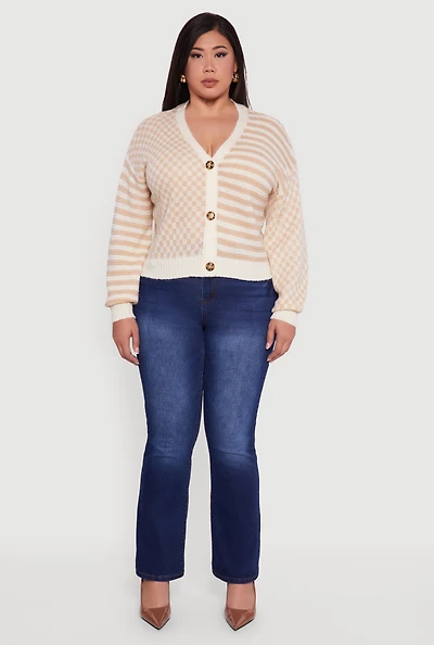 Womens Plus Size Color Blocked Checkered Stripe Cardigan, Beige, Size 3X