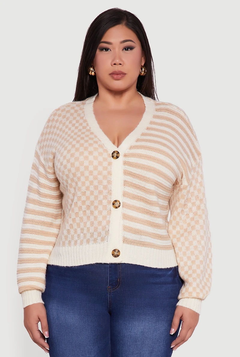 Womens Plus Color Blocked Checkered Stripe Cardigan,