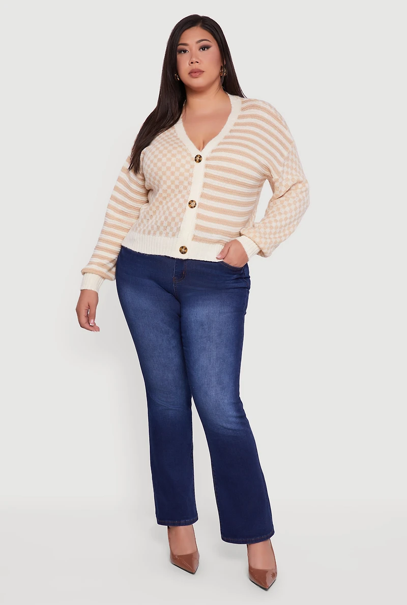 Womens Plus Color Blocked Checkered Stripe Cardigan,