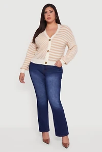 Womens Plus Color Blocked Checkered Stripe Cardigan,