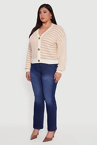 Womens Plus Color Blocked Checkered Stripe Cardigan,