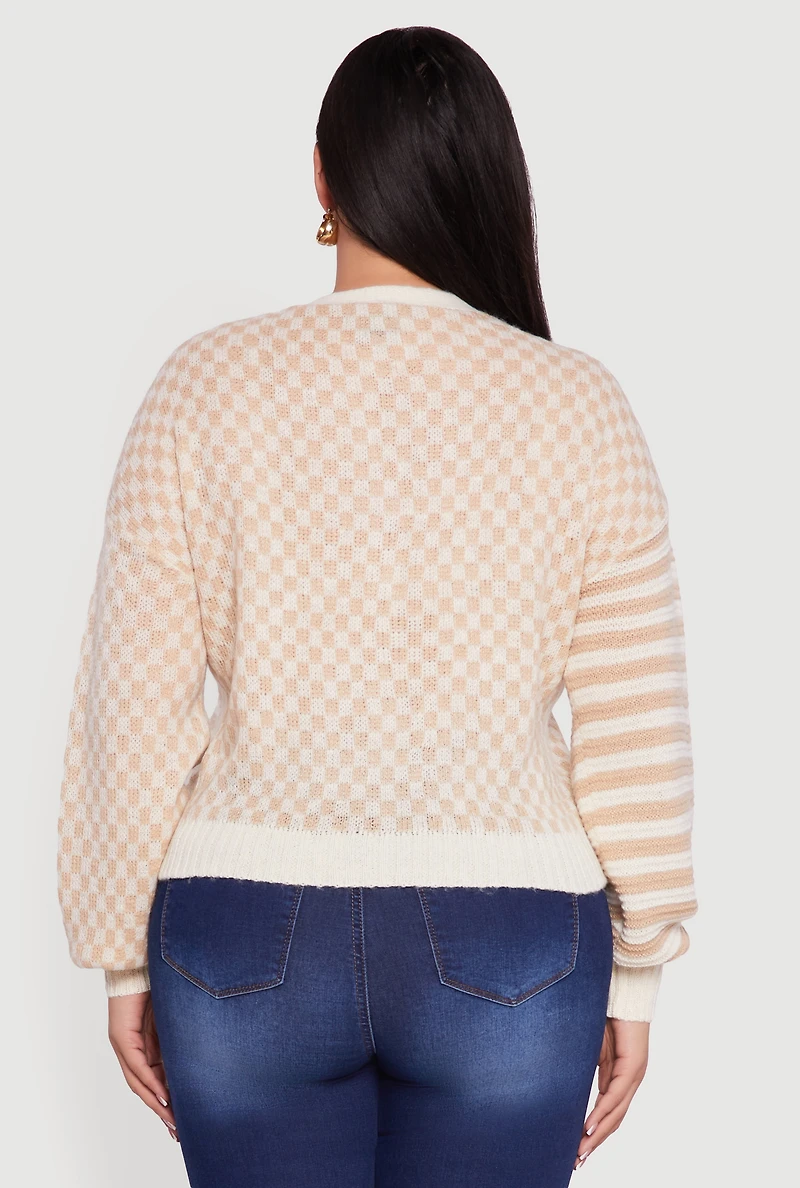Womens Plus Color Blocked Checkered Stripe Cardigan, Beige,