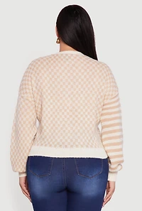 Womens Plus Color Blocked Checkered Stripe Cardigan, Beige,