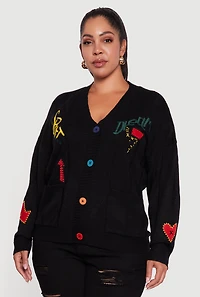 Plus Embroidered Patch Button Front Cardigan