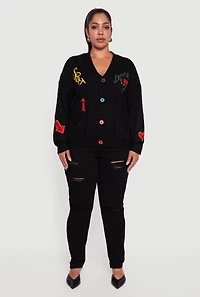 Plus Embroidered Patch Button Front Cardigan