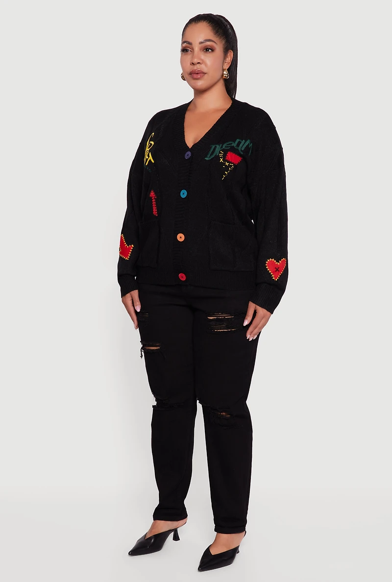 Plus Embroidered Patch Button Front Cardigan