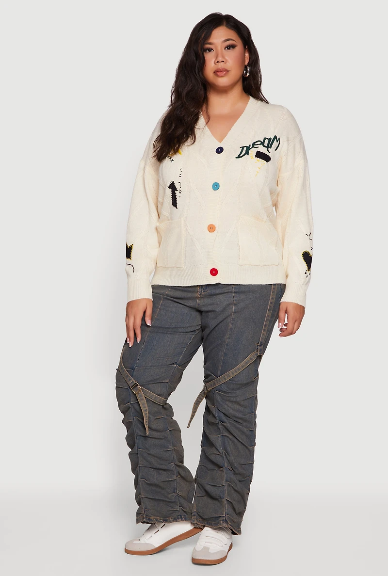 Womens Plus Embroidered Patch Button Front Cardigan,