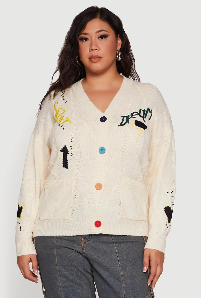 Womens Plus Embroidered Patch Button Front Cardigan,