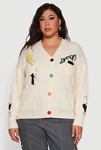 Womens Plus Embroidered Patch Button Front Cardigan,