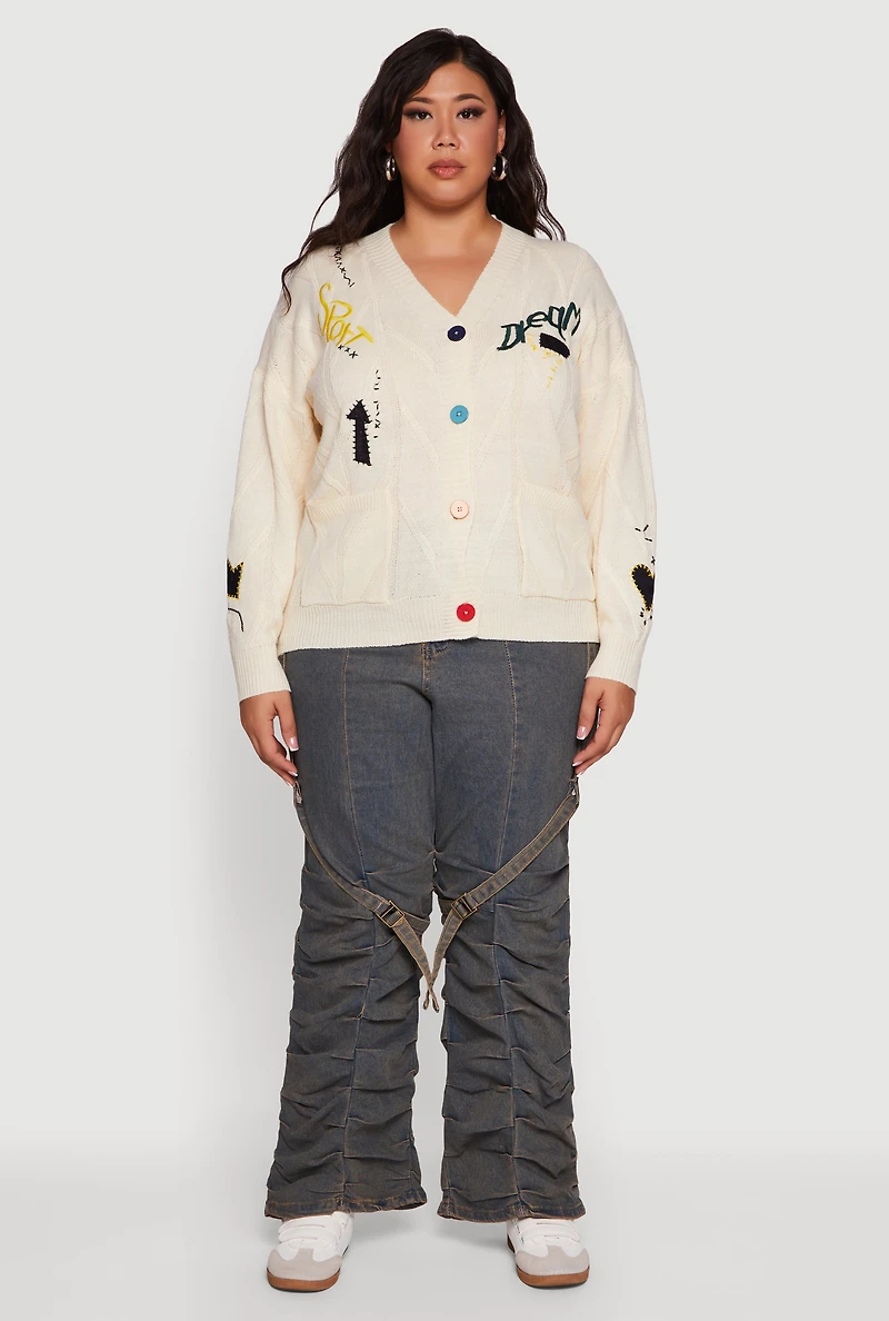 Womens Plus Embroidered Patch Button Front Cardigan,