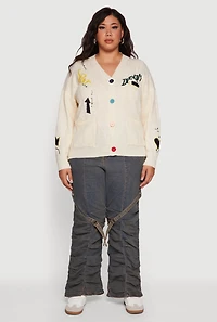 Womens Plus Embroidered Patch Button Front Cardigan,