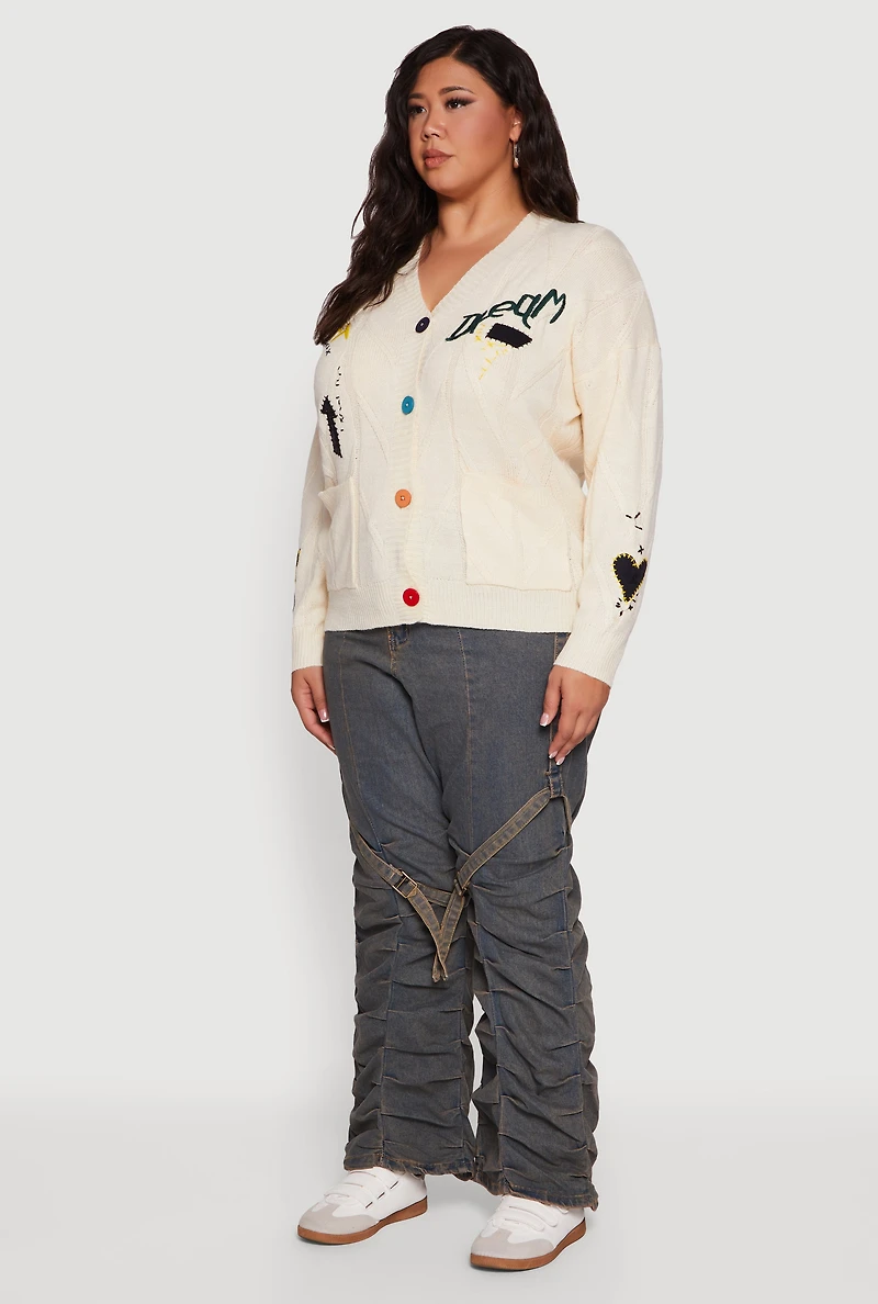 Womens Plus Embroidered Patch Button Front Cardigan,