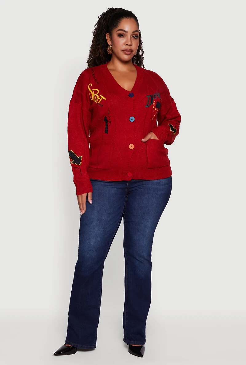 Plus Embroidered Patch Button Front Cardigan