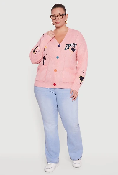 Womens Plus Size Embroidered Patch Button Front Cardigan, Pink, Size 2X