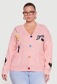 Womens Plus Size Embroidered Patch Button Front Cardigan, Pink, Size 1X