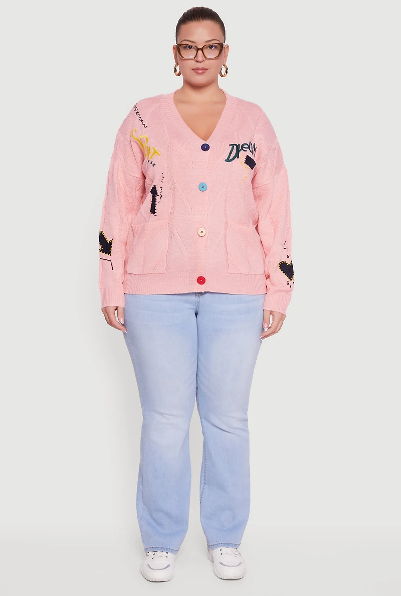 Womens Plus Size Embroidered Patch Button Front Cardigan, Pink, Size 1X