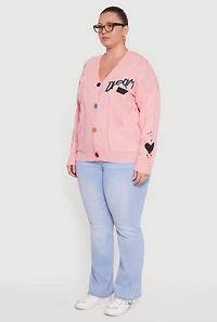 Womens Plus Size Embroidered Patch Button Front Cardigan, Pink, Size 1X