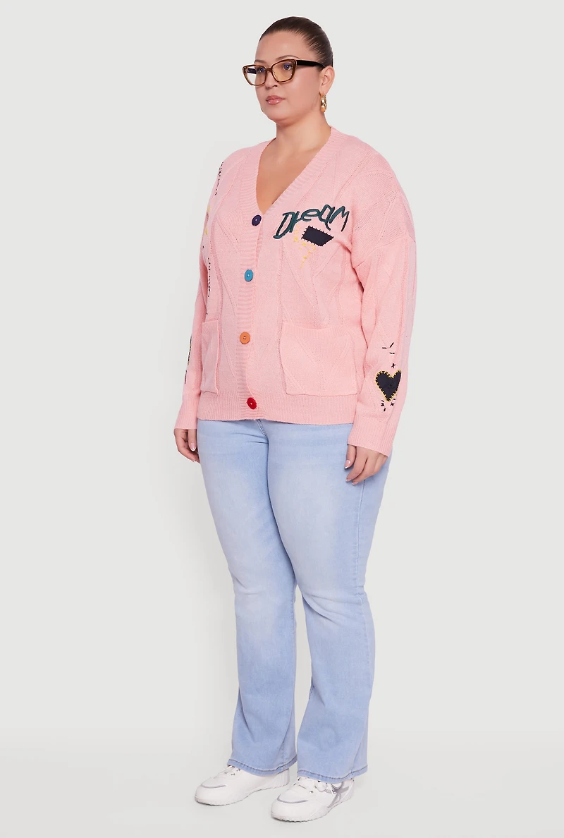 Womens Plus Size Embroidered Patch Button Front Cardigan, Pink, Size 2X