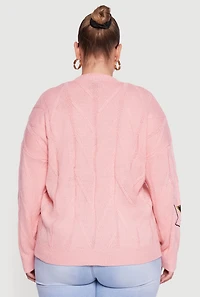 Womens Plus Size Embroidered Patch Button Front Cardigan, Pink, Size 1X