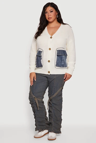 Womens Plus Size Denim Pocket Contrast Trim Button Front Cardigan, White, Size 1X