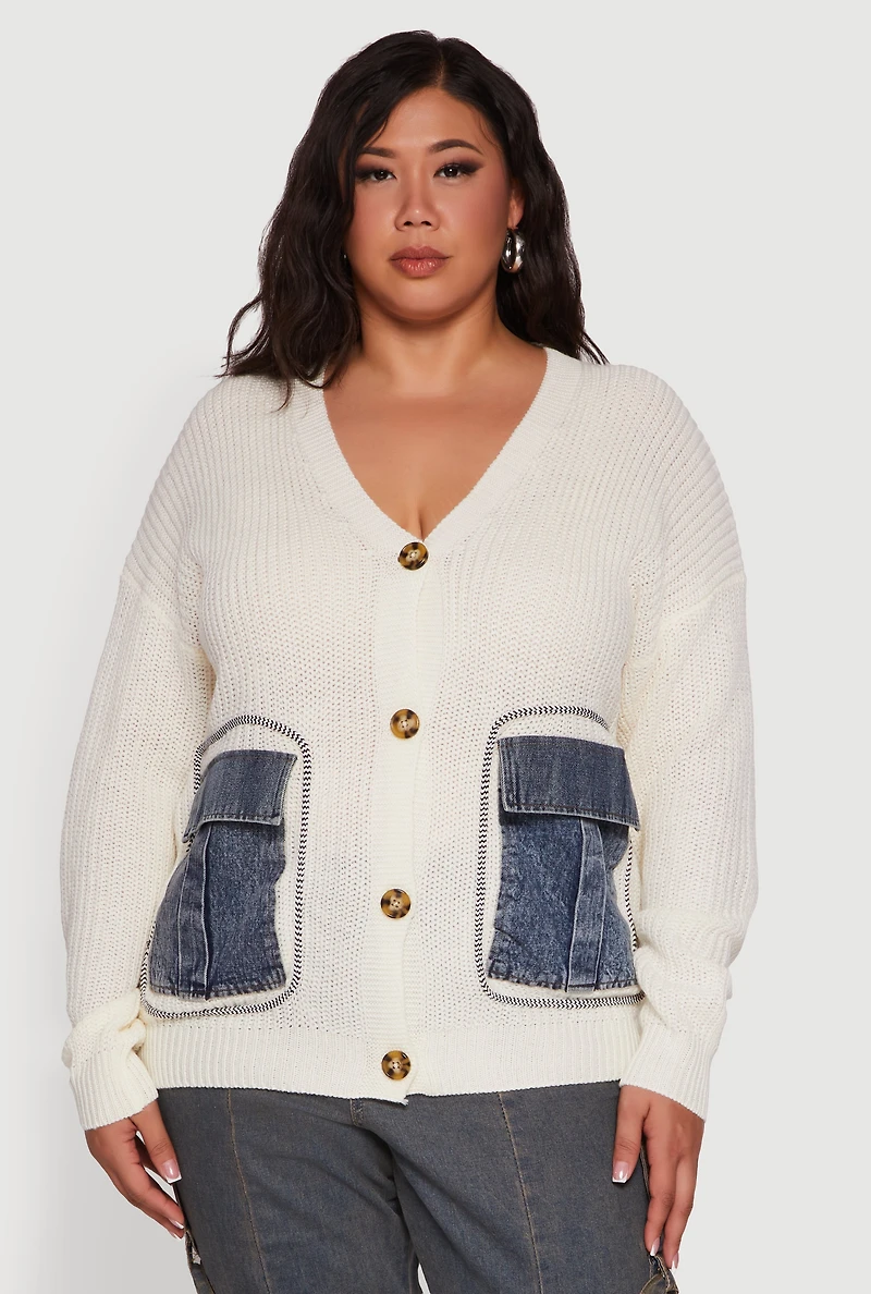 Womens Plus Denim Pocket Contrast Trim Button Front Cardigan, White,