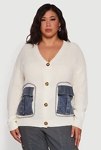Womens Plus Denim Pocket Contrast Trim Button Front Cardigan, White,
