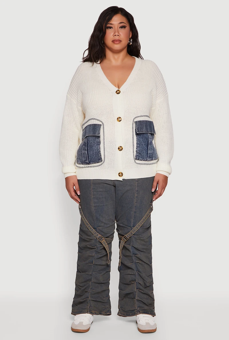 Womens Plus Size Denim Pocket Contrast Trim Button Front Cardigan, White, Size 1X