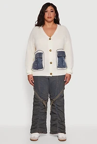Womens Plus Size Denim Pocket Contrast Trim Button Front Cardigan, White, Size 1X
